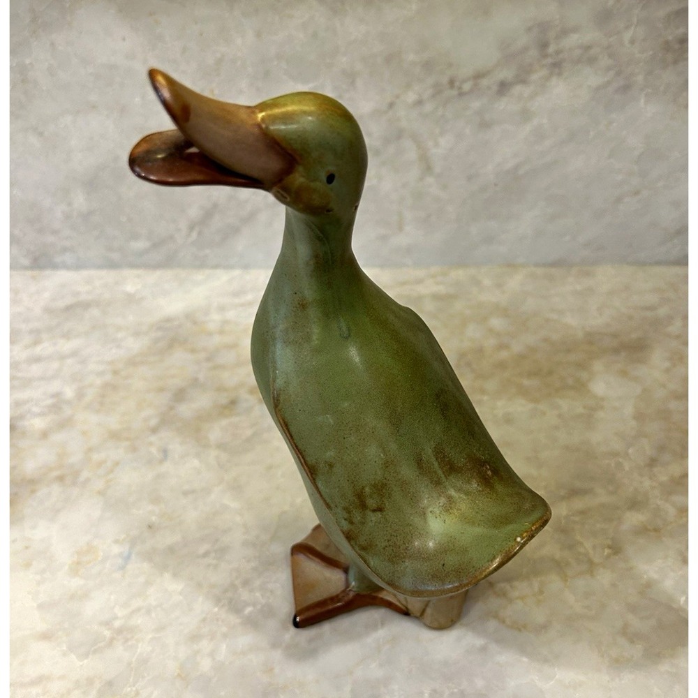Green Ceramic Duck Figurine Statue, Open Beak, Approx. 9 in Tall